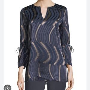 LAFAYETTE 148 Sela Graphic Print Blouse, Navy Blue Metallic Gold, size small